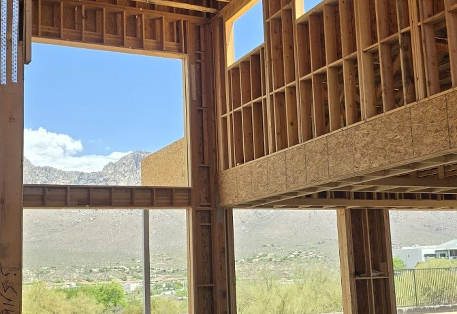 Great room framing with mountain view